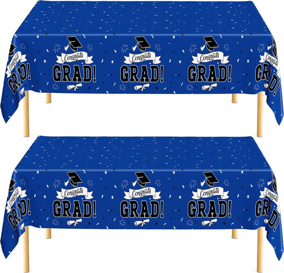 4 x QZYL 2 PCS Graduation Decorations 2026, 108" X 54" Blue Graduation Tablecloth, Disposable Plastic Class of 2026 Tablecover, Rectangle Congrats Grad Table Cover for Grad Decor Party Supplies for Kids