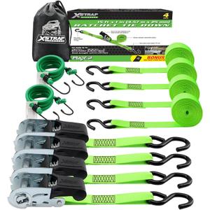XSTRAP STANDARD Ratchet Tie Down Straps 4Pk 15Ft 1500Lb Break Strength, Cargo Straps for Moving Appliances, Lawn Equipment, Motorcycle, Includes 2 Bungee Cord