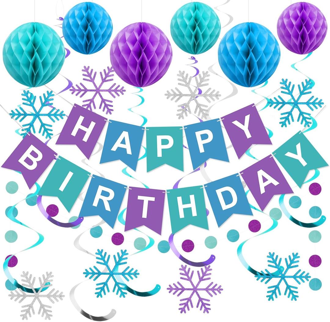 meowtastic Frozen Birthday Party Decorations - Happy Birthday Banner with Honeycomb Balls, Snowflake Hanging Swirls Streamers, Circle Dots Garland Decorations - Birthday Decorations for Boys Girls
