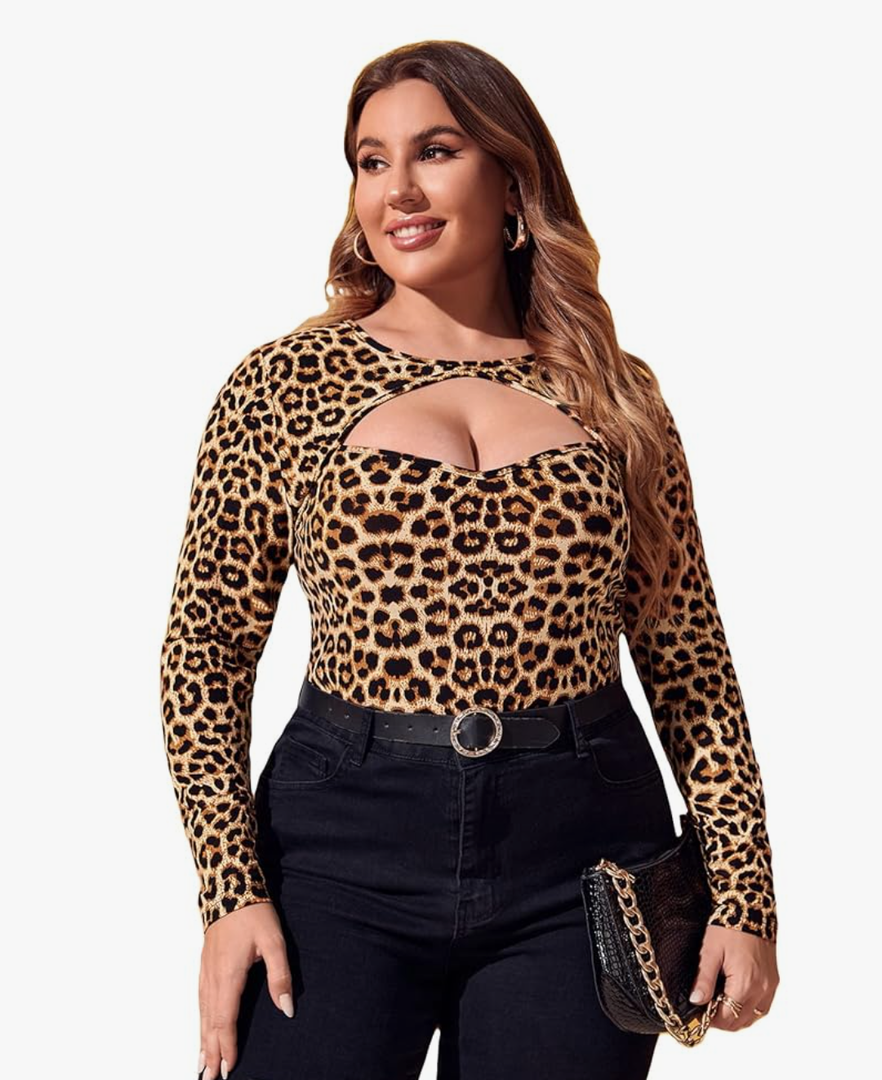 WDIRARA Women's Plus Size Leopard Print Cut Out Long Sleeve Slim Fit Shirt Sexy Tee Top, 4 XL
