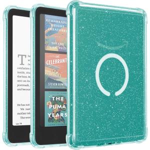 iDLEHANDS Magnetic Clear Case for 7" Kindle Paperwhite 12th Gen 2024 and Kindle Colorsoft - with AirBag Compatible with iPhone MagSafe, for Samsung/Belkin/Anker Wireless Charging Pads, Glitter White