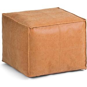 SIMPLIHOME Brody 18-inch Wide Square Pouf in Distressed Brown Vegan Faux Leather, Boho-Style Ottoman, Footstool or Extra Seating for Living Room, Assembled