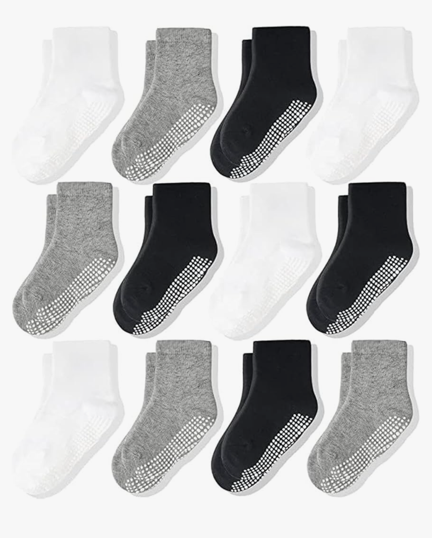 CozyWay Baby Socks with Grippers Non Slip Crew Grip Socks For Boys and Girls Babies Comfy Soft Cotton Infant - 0-6 Months Unisex Black, Gray, White - 12 Pack