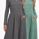 Riyiper 2 Pack Women's Long Sleeve Sweater Dress Ribbed Pleated Casual Round Neck Knee Length Dress with Pocket, Medium, Gray, Green