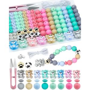 124PCS FIVEIZERO Silicone Focal Beads for Keychain Making, Animal Bear, 15mm Round 12mm Lentil & 10mm Rhinestone Beads for Pens, Bracelets & Crafts with Elastic Cord & Scissors