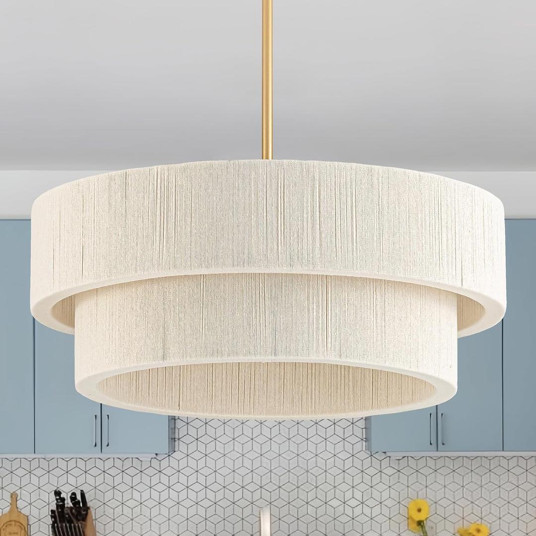20”Hand Woven Rattan Chandelier,Boho Drum Pendant Light Fixture, D20 inchs
