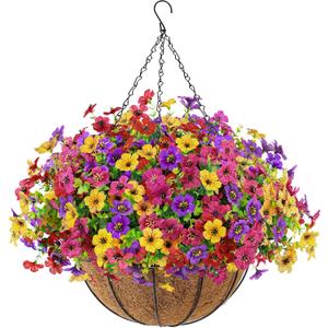 Der Rose Artificial Hanging Flowers Basket for Outdoors Outside Fake Hanging Plants Spring Summer Decoration UV Resistant for Garden Front Porch Patio Balcony Decor