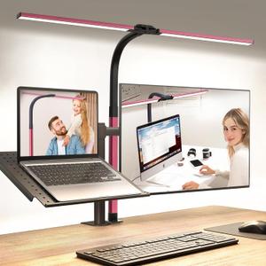 LED Desk Lamp for Home Office, Eye-Caring Desk Light with Clamp, Stepless Dimming 24W Double Head Architect Task Lamp with Remote Control, Flexible Arm for Working Studying Reading DraftingRED)