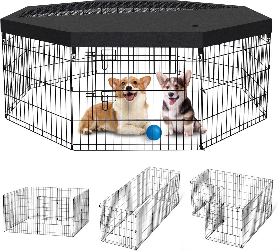 Artmeer 24-Inch Dog Playpen with Top Cover, 8-Panel Rustproof Fence