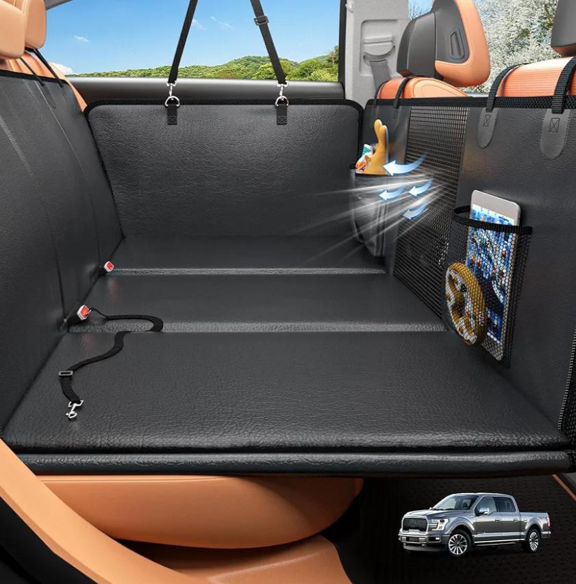 Back Seat Extender for Dogs, Hard Bottom Dog Car Seat Cover for Truck Back Seat, Upgraded PU Leather Dog Hammock for Car, Waterproof, Anti Scratch, Larger Space, Holds 400lbs