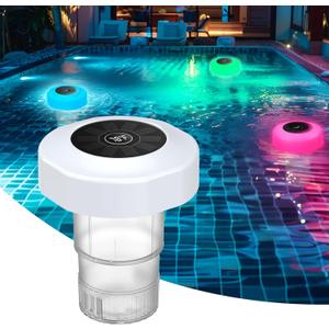 Solar Powered Pool Chlorine Floater with Light,Easy Read Digital Thermometer,IP68 Waterproof LED Color Change Swimming Floating Pool Chlorine Dispenser for 43 or 101 Inch Tablets,Spa Decor