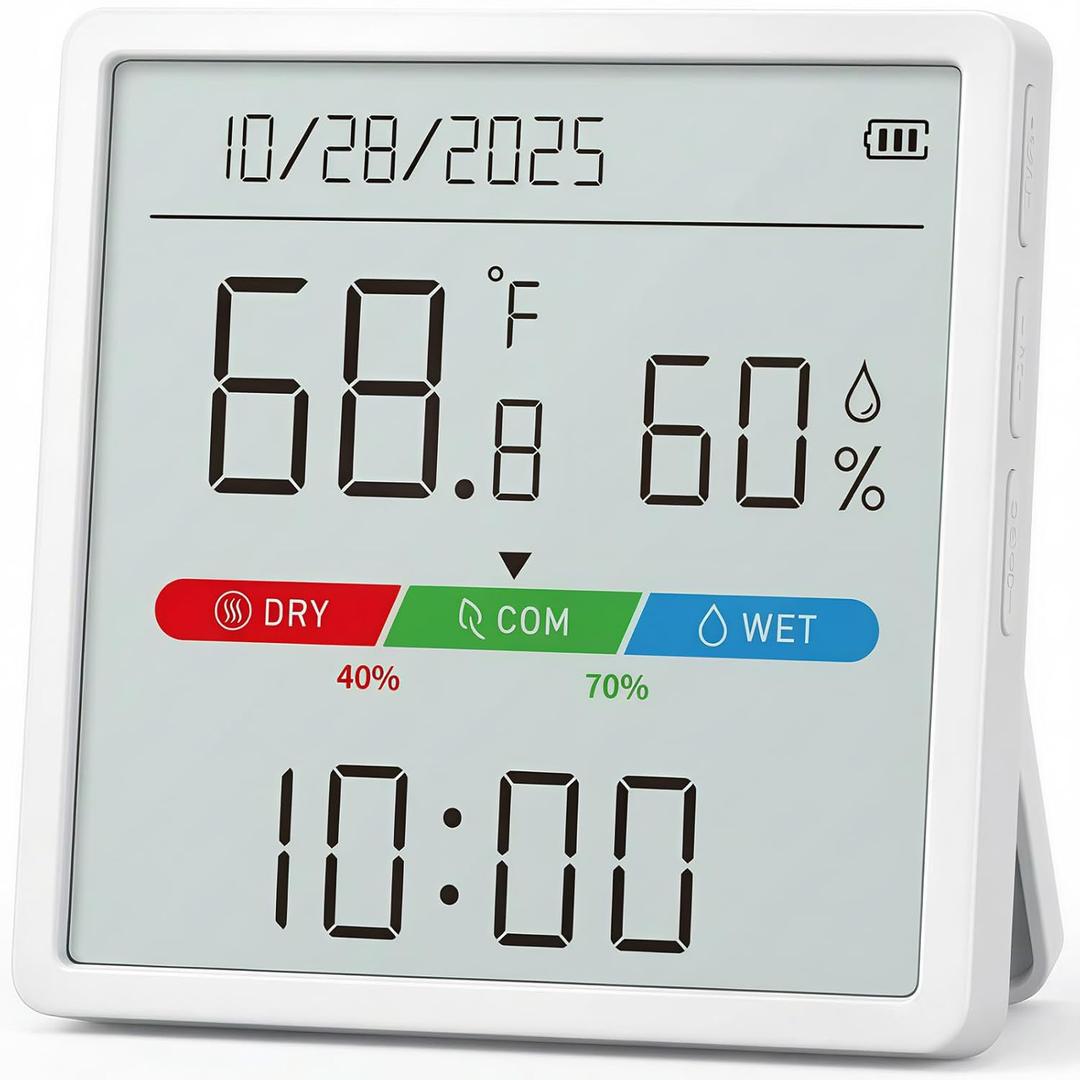 Indoor Thermometer Hygrometer with 4.4" Large Display, Digital Temperature & Humidity Monitor with Clock, Room Humidity Gauge, Built-in Sensor, Magnetic Fridge Mount, Desk Stand or Wall Mount