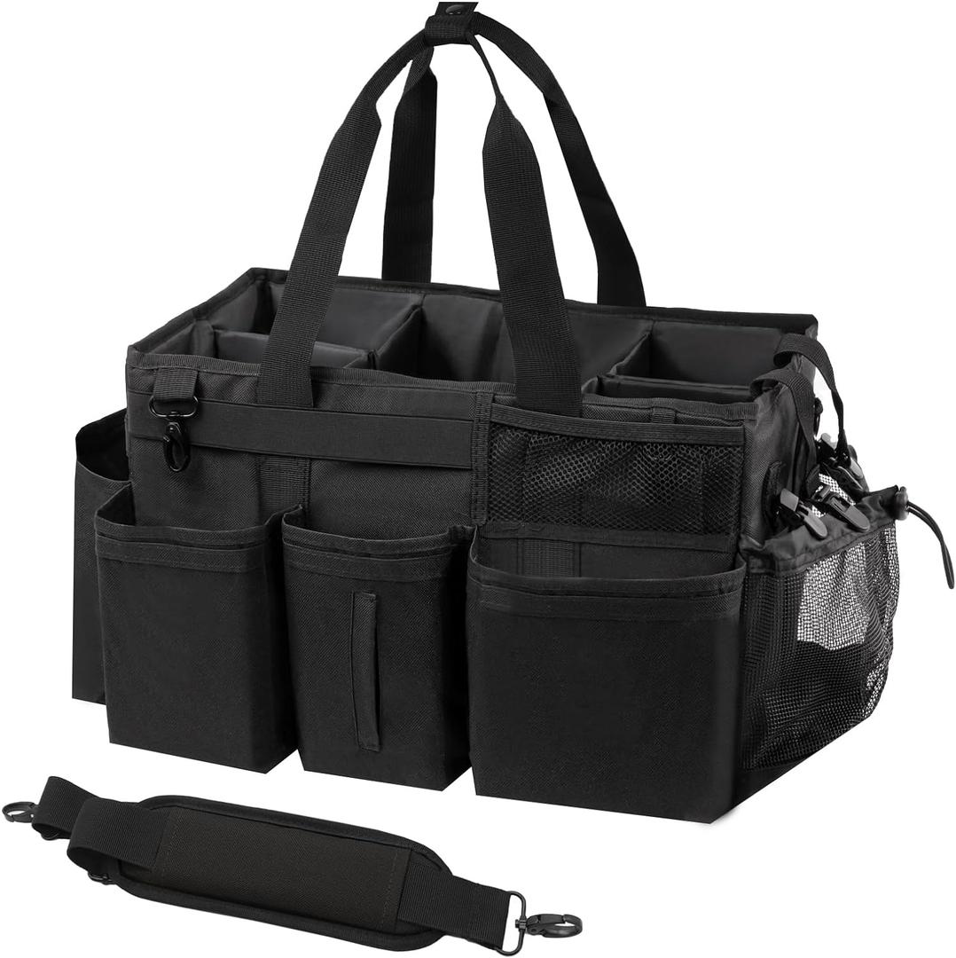 SCAVATA Wearable Cleaning Caddy Organizer with Handle & Shoulder Straps for Housekeepers, Under Sink & Car Cleaning Tool Organizer Bag with 4 Foldable Dividers (Black)