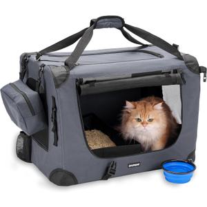Large Cat Carrier 24"x16.5"x16.5" Soft-Sided Portable Pet Crate for Car Traveling with Collapsible Litter Box and Bowl (Grey)