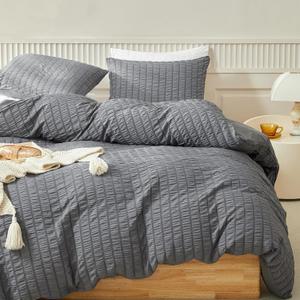 WARMDERN Duvet Cover Set Queen Size, 3pcs Washed Microfiber Grey Bedding Set, Soft Breathable Striped Textured Seersucker Duvet Cover with Zipper Closure & Corner Ties(Grey, Queen) (Gray)