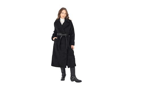 FRYE Women's Faux Fur WRAP TIE Belted Coat, Black