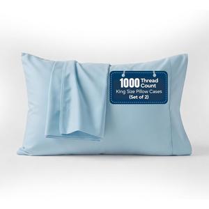 1000 TC Pillowcases Set of 2 100% Egyptian Cotton Pillow Cases with Long Staple Cotton & Sateen Weave, Silky Soft Hotel Like Bed Pillow Covers, Snug Fit (Light Blue, 2 Pc King)