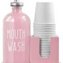 Glass Mouthwash Dispenser for Bathroom, 16 OZ Mouthwash Dispenser with Pour Spout and Wood Cup Holder and Tray, Mouth Wash Bottle Container, Farmhouse Kitchen Bathroom Decor and Accessories, Pink