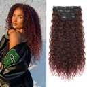 Clip in Hair Extensions, FLUFYMOOZ 4PC 100 Pure Protein Silk Hair Extensions Long Soft Natural Hairpiece 20 Inch Curly Hair Extension for Women (Wine Red)