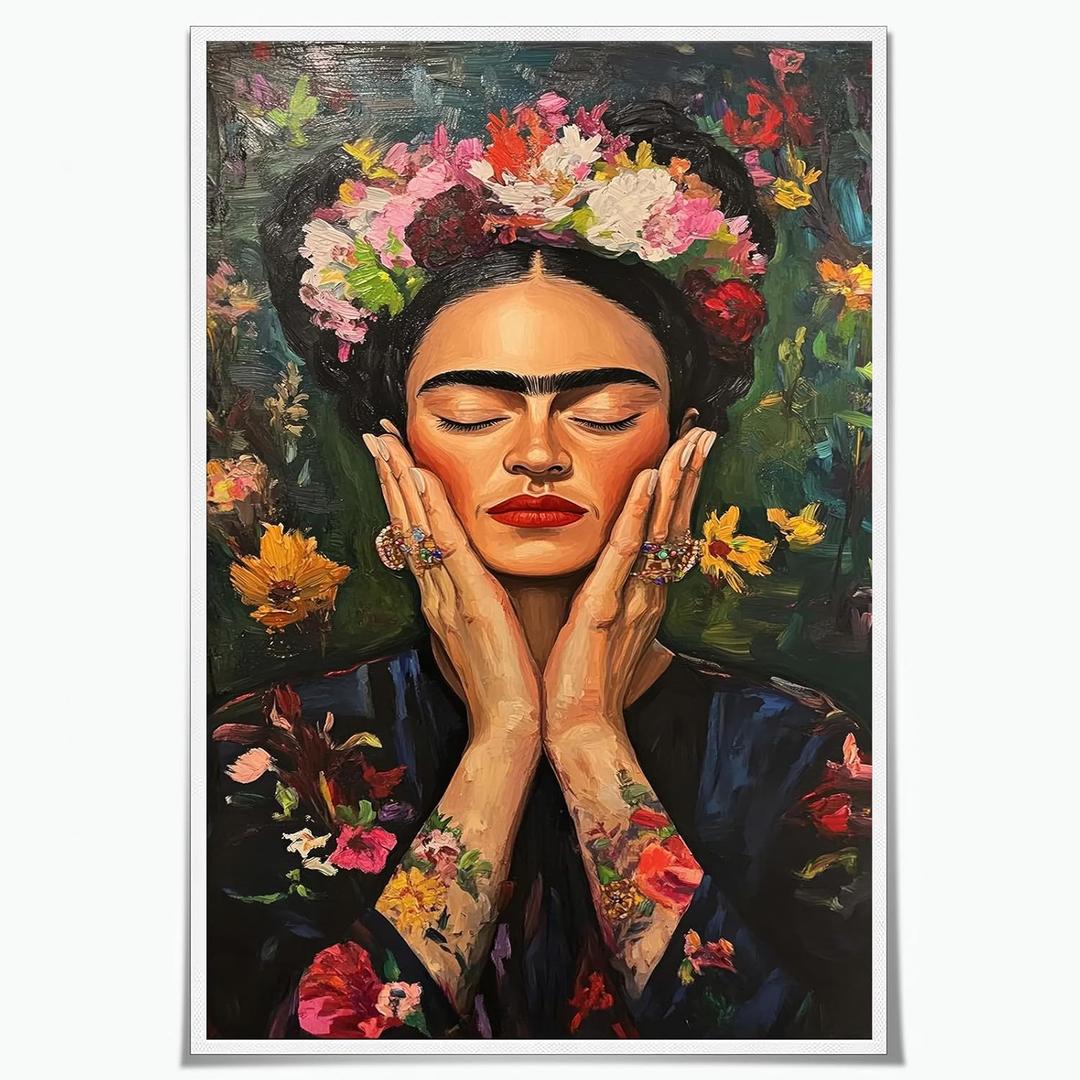Chicano Art Wall Decor Feminist Wall Art Floral Portrait Vibrant Eclectic Colorful Floral Portrait Painting Latino Chicana Mexican Artwork 16x24Inch UnFramed Print for Living Room Bedroom Home Decor (24L" x 16W", Bloom Reverie)