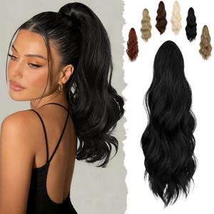 FELENDY 16" Ponytail Extension Long Curly Wavy Ponytails Clip in Claw Hair Extension Pony Tails Natural Looking Synthetic Hairpiece for Women Dark Black