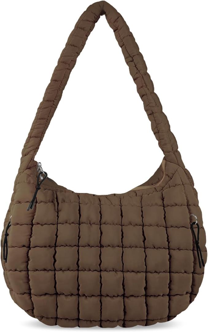 izuzta Quilted Puffer Tote Bag Large Puffy Crossbody Shoulder Bag, Lightweight Soft Nylon Quilted Oversized Padding Hobo Tote Bag Handbags Puff Purse Carryall Gym Bag Trendy Tote for Women(Brown)