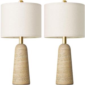 BOBOMOMO 21" Modern Table Lamps Set of 2, Warm Beige Resin Lamp with Stone Look, Small Bedside Lamps for Bedroom, Cozy Nursery Lamps with Linen Shades, Nightstand Lamp for Small Spaces, Entryway