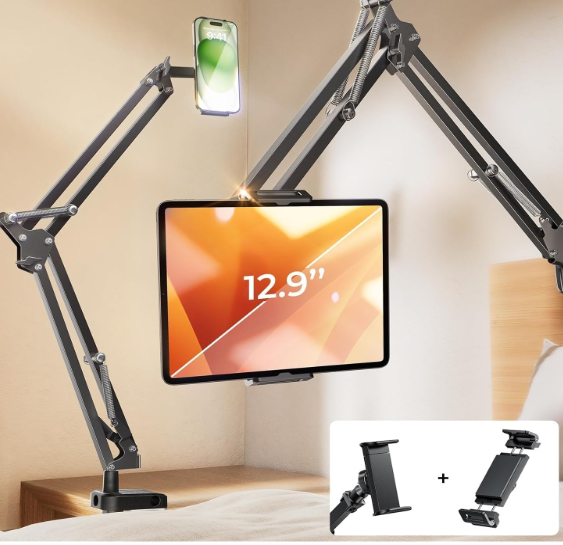LISEN Tablet Stand iPad Stand for Desk Mount [Ultra Sturdy 2 Clamps] Kindle iPad Holder for Gooseneck Phone Tablet Holder Mount fits iPhone Kindle 413" Device Valenties Day Gifts for Women (Black)