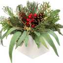 DILATATA Christmas Centerpieces 8 Inch Artificial Christmas Plant in Square Wooden Pot Tabletop Pine Plants with Red Berries Pine Cones Eucalyptus for Winter Holiday Party Fireplace Mantel Xmas Decor (Style 1)