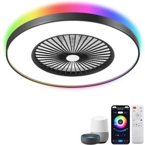 24" Bladeless Ceiling Fan with Light, Low Profile Ceiling Fan with with Alexa, Remote/APP/Voice Control, Modern Flush Mount Ceiling Fans Dimmable Color Chaning LED-RGB Ambient Light Black
