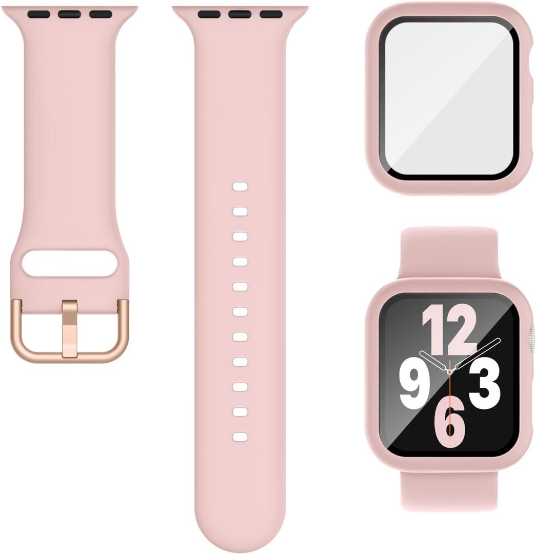 5 x 3-in-1 Compatible for Apple Watch Band 40mm 41mm 44mm 45mm and Case with Screen Protector, Sport Silicone Bands and Protective Cover with 9H Tempered Glass for iWatch Series SE 9 8 7 6 5 4