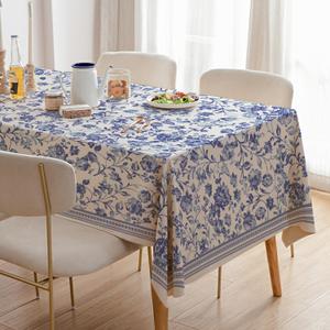 Thick Linen Rectangle Tablecloth - White and Blue Floral Waterproof Rustic Toile French Country Table Cover Farmhouse Decoration, Suitable for Home, Kitchen Dining Tablecloth 60 x 84 Inch