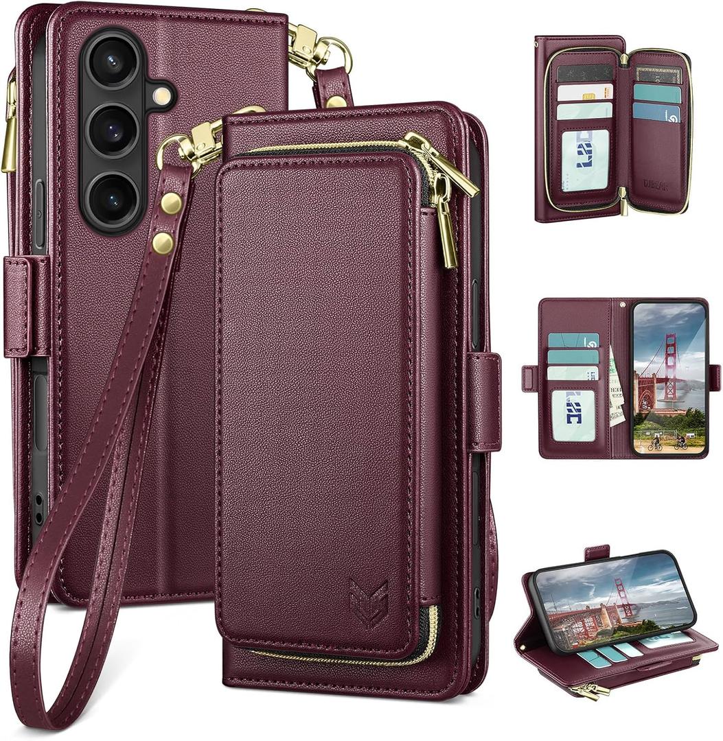 DJBEAR for Samsung Galaxy S26 Wallet Case for Men & Women, All-in-One Flip Folio Cover with 9 Card Slots, Zipper Pocket, Detachable Wrist Strap, Full Body Protection for Samsung S26 Wine Red