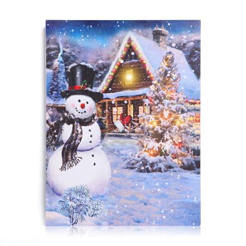 NIKKY HOME Christmas Canvas Wall Art 16" x 12" - Lighted Up Snowman Welcome Print LED Xmas Wall Art Prints for Holiday Decor