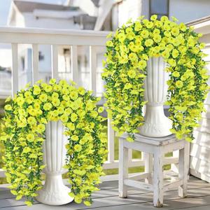 Artificial Hanging Flowers for Outdoors, 4 PCS 600 Blooms UV Resistant Morning Glory Faux Silk Vines, No-Odor Realistic Fake Plants for Garden Planter Porch Patio Decoration, Yellow