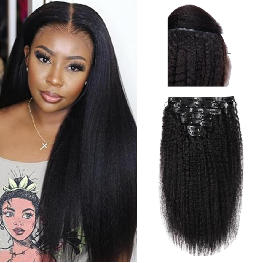 Essent Seamless Kinky Straight Clip in Hair Extensions Real Human Hair 22 Inch 7Pcs 130g Kinky Clip Ins Full Head Brazilian Remy Hair Extensions for Women Natural Black Double Weft Clip In