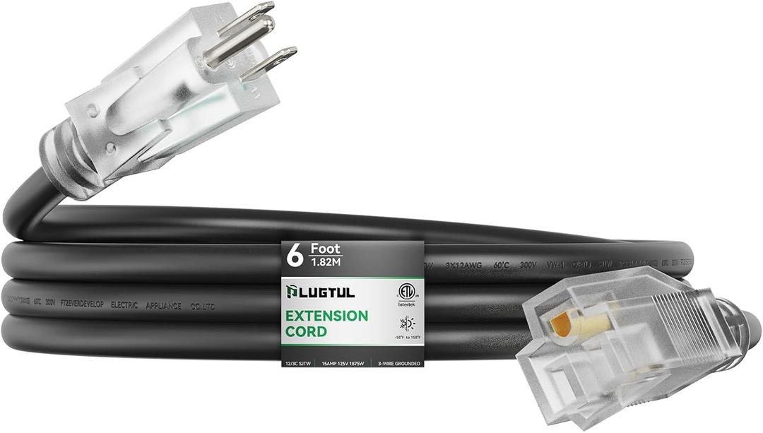 PLUGTUL Outdoor Extension Cord 6FT, 12 Gauge Extension Cord with Lighted End, Heavy Duty,15A 1875W SJTW, ETL Listed, Great for Garden and Home, Black