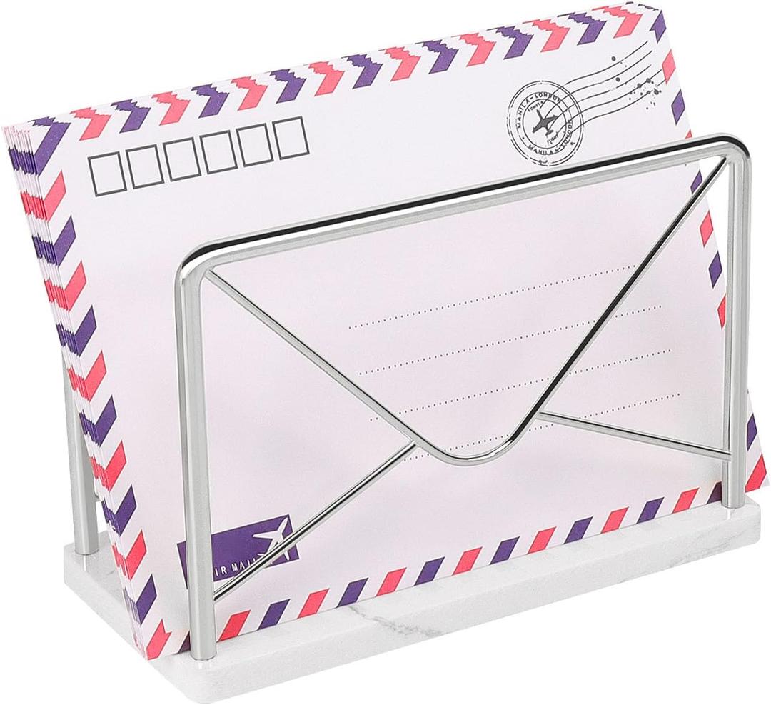 Modern Mail Holder for Home Office, Metal Letter Organizer Sorter for Desk, Cutout Mail Envelope Design, Bill Filling Paper Document Rack, Envelope Storage Rack with Marble Base (Chrome)