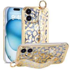 PHOQOYO for iPhone 13 Wrist Band Kickstand Cover Case Cheetah Print Ultra Slim IMD Shockproof Protection Holder Cover Case for Apple iPhone 13 6.1-inch (Leopard Skin Pattern)