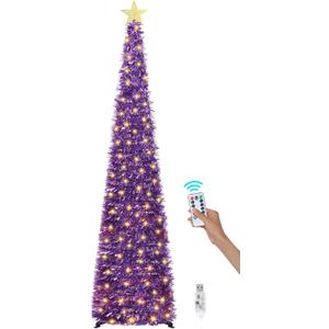 6 FT Pop Up Christmas Tree with 100 LED Timer Lights & Remote, Purple Collapsible Christmas Tinsel Tree Artificial Pencil Tree Xmas Decoration for Holiday Home Office Party, USB Powered