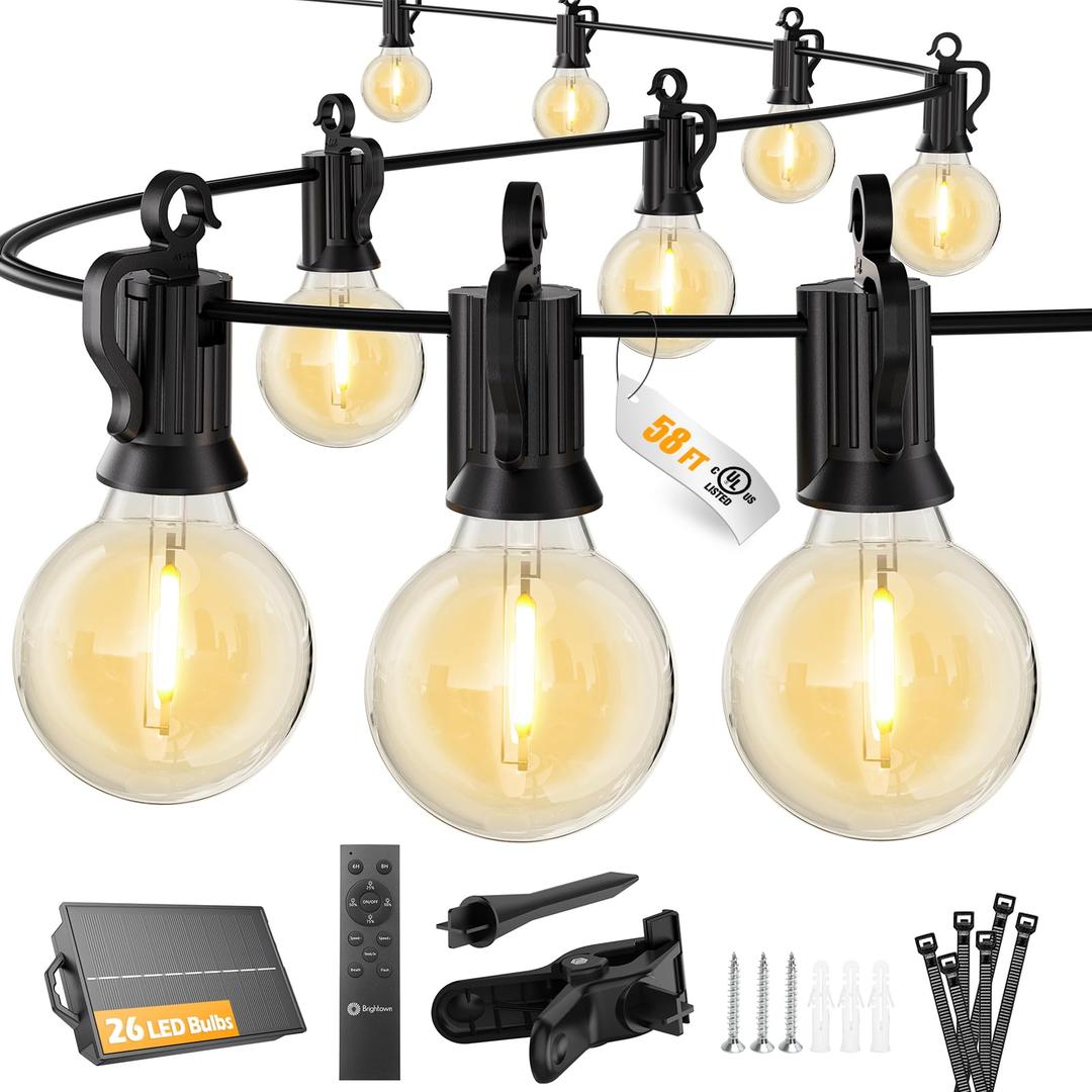 Brightown 58FT Solar String Lights Outdoor with Remote and 26 LED Shatterproof Bulbs, Dimmable & Timable, 3 Light Modes, Solar Patio String Lights Outdoor for Cafe, Garden, Deck, Outside Wedding