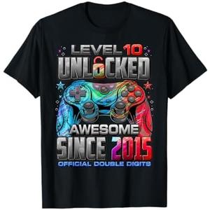 Level 10 Unlocked Awesome Since 2015 10th Birthday Gaming T-Shirt M