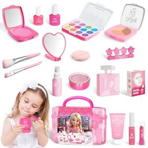 Kids Fake Makeup Kit Play Set with Storage Box, Toddler Pretend Makeup Toys for Girls, Birthday Gifts for 3 4 5 6 7 8 9 10 11 12 Years Old Kid (No Contain Real Cosmetics)
