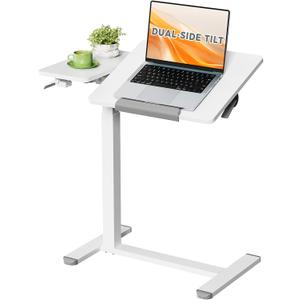 28" Mobile Bed Desk on Wheels, Dual-Tilt with Side Tray, White