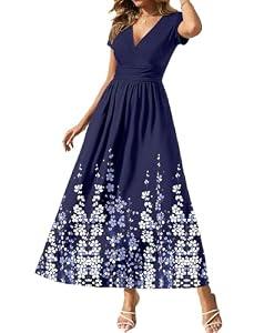 Gracyoga Women's Summer Dresses 2026 Short Sleeve Maxi Dress Casual V Neck Flowy Sundress with Pockets Large Size