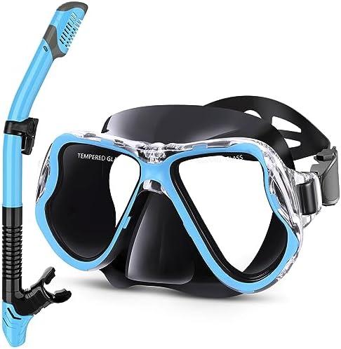 Greatever Dry Snorkel Set,Panoramic Wide View Anti-Fog Scuba Diving Mask,Professional Snorkeling Gear for Adults Kids