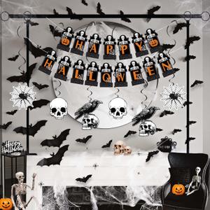 Halloween Party Decorations Set with Over The Table Rod Stand with Clamps,pskeleton,spider web Banner, Hanging Swirls,Tablecloth