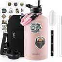 One Gallon Water Bottle Insulated, Triple Wall Vacuum Cold for 48 Hours & Leak-proof & Non-BPA, 128oz Large Sports Stainless Steel Water Jug with Paracord Handle Straw Spout Lids & DIY Stickers (Light Pink)