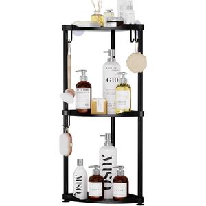 SWTYMIKI Corner Shower Caddy Standing - 3 Tier Stainless Steel Shower Organizer Stand, Large Capacity Floor Shelf with 4 Hooks, Rustproof Bathroom Storage Rack, Black