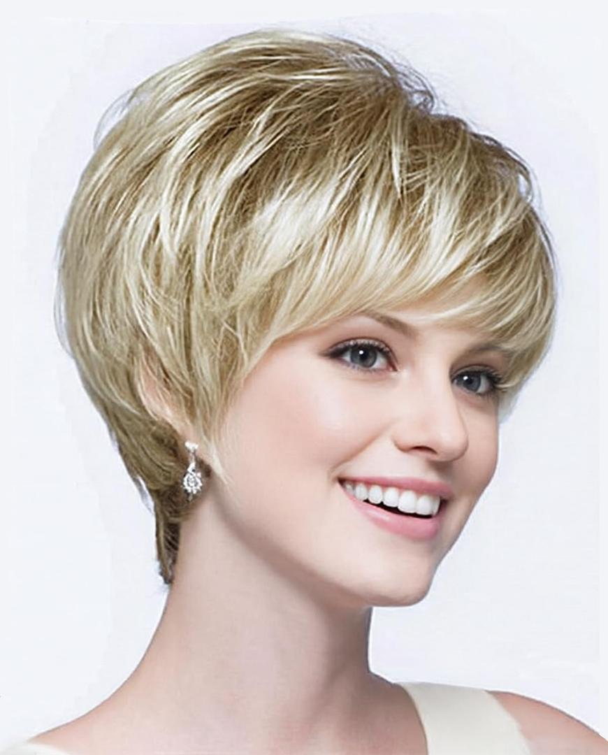 SEVENCOLORS Short Blonde Wigs for White Women Layered Mixed Blond Pixie Cut Wigs with Bangs Synthetic Short Hair Replacement Wigs